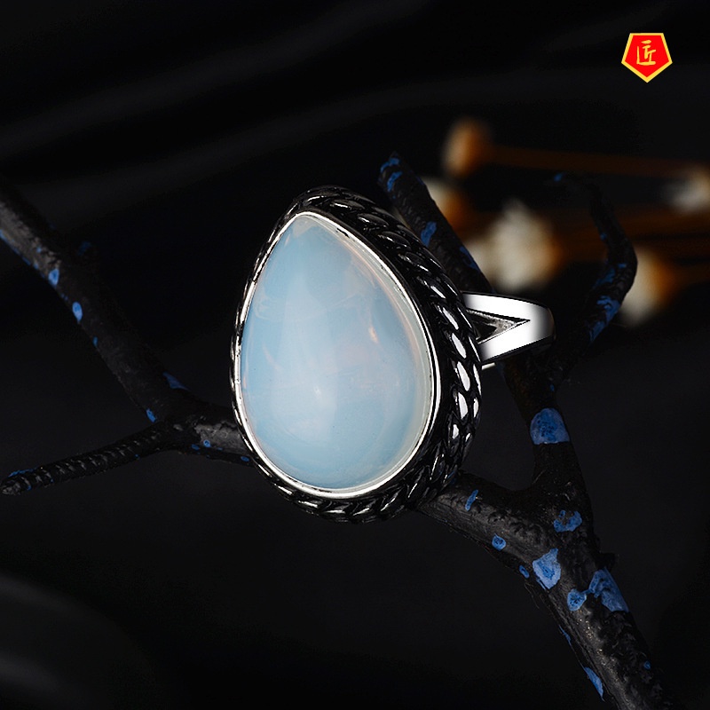 [Ready Stock]Temperament Drop-Shaped Moonstone Ring Exaggerated Punk Style