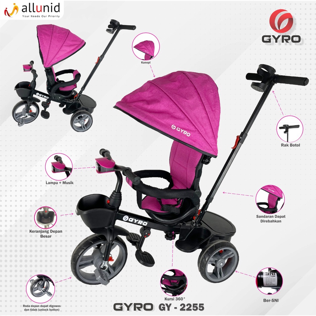 Khusus Gojek/Grab Instan Sepeda Roda Tiga Stroller Anak GYRO ST GY 2255 Tricycle Bike Lipat dan Putar SNI Garansi Termurah-1