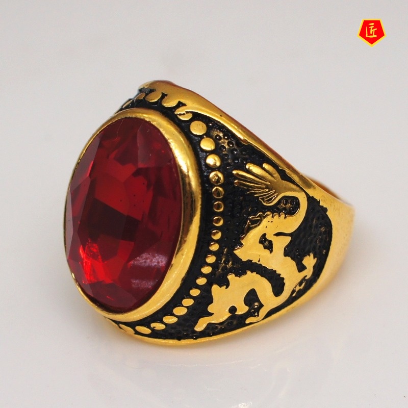 [Ready Stock]Retro Oval Dragon Pattern Gold Ring Retro