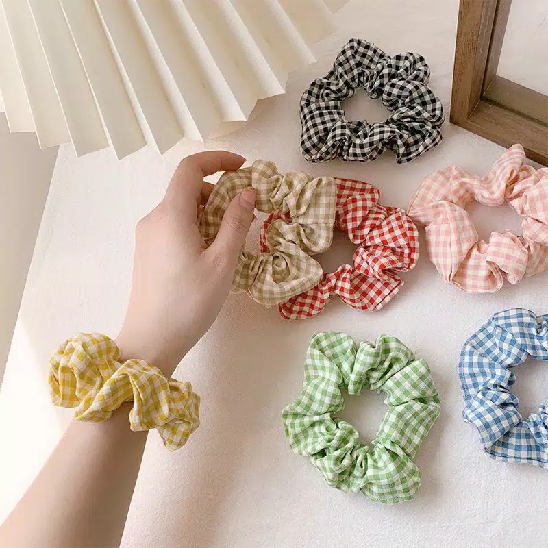 (COD) Ikat Rambut 1PCS Motif Garis Kotak Scrunchie Karet Rambut Korea ❤️❤️MALLSHOPPING❤️❤️