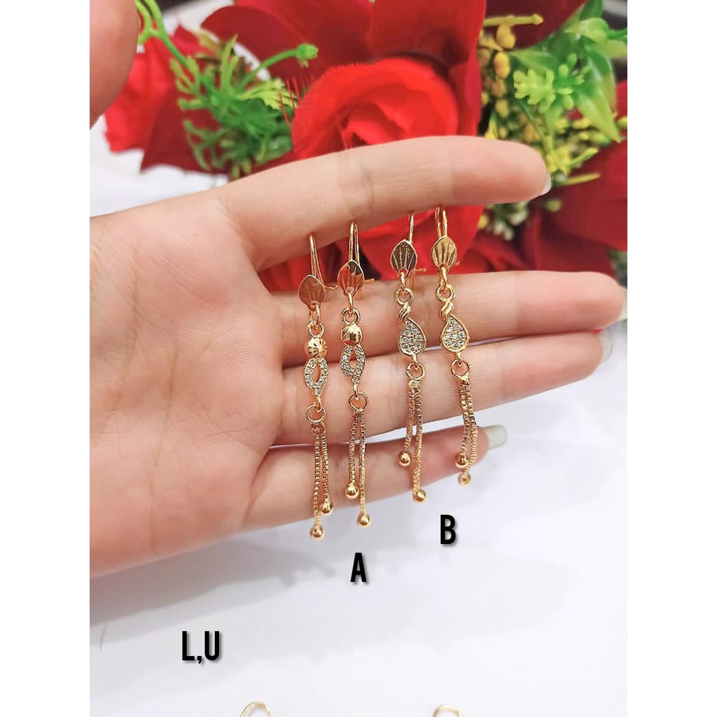 Anting TITANIUM wanita Jurai panjang permata Motif Gold lapis emas tidak karat | COD