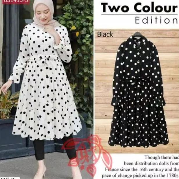 Outfit Hijab atasan wanita | Blouse Tunik polkadot | grosir baju murah