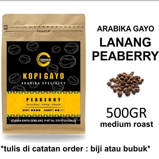 

Kopi Gayo Arabica Peaberry Specialty 500 gram Biji Bubuk Garasco Coffee