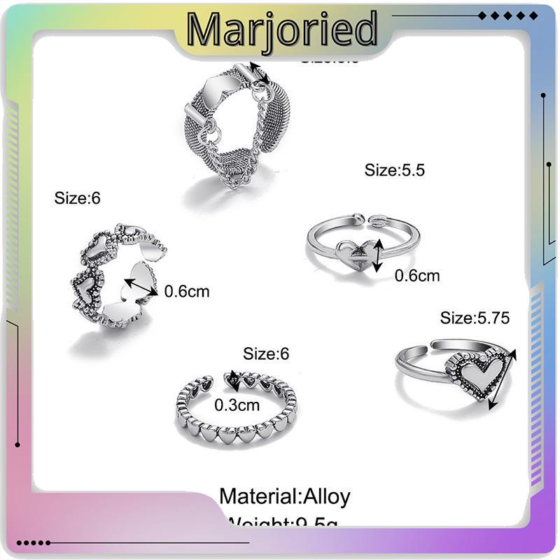 5pcs / Set Cincin Jari Telunjuk Model Terbuka Desain Hati Hollow Gaya Retro-MJD