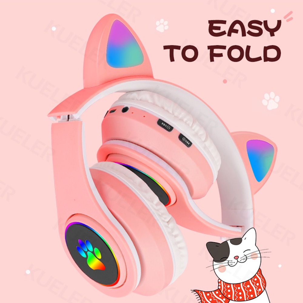 LED Color Light Cute Cat Ear Headphone with Mic B39M Foldable Wireless Headphones Bluetooth Earphone HiFi Stereo Headset Bluetooth Headset Gaming No Delay Henset Bloetooth