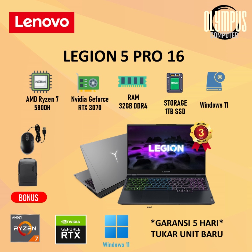 Laptop Lenovo Legion 5 Pro 16ACH06 RTX3070 Ryzen 7 5800H 32GB 1TBSSD W11+OHS 16"WQXGA