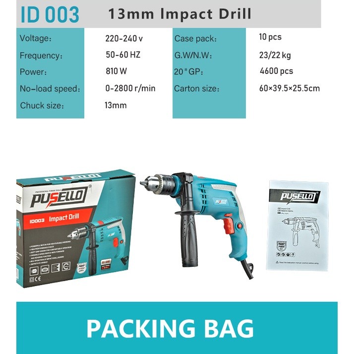 PUSELLO ID003 Impact Drill Mesin Bor Tembok Beton Kayu Besi 13 mm 810 Watt