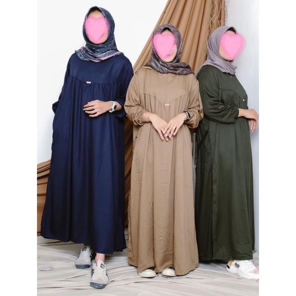 Midi dress wanita muslim bahan rayon premium/ Gamis midi rayon polos model terbaru