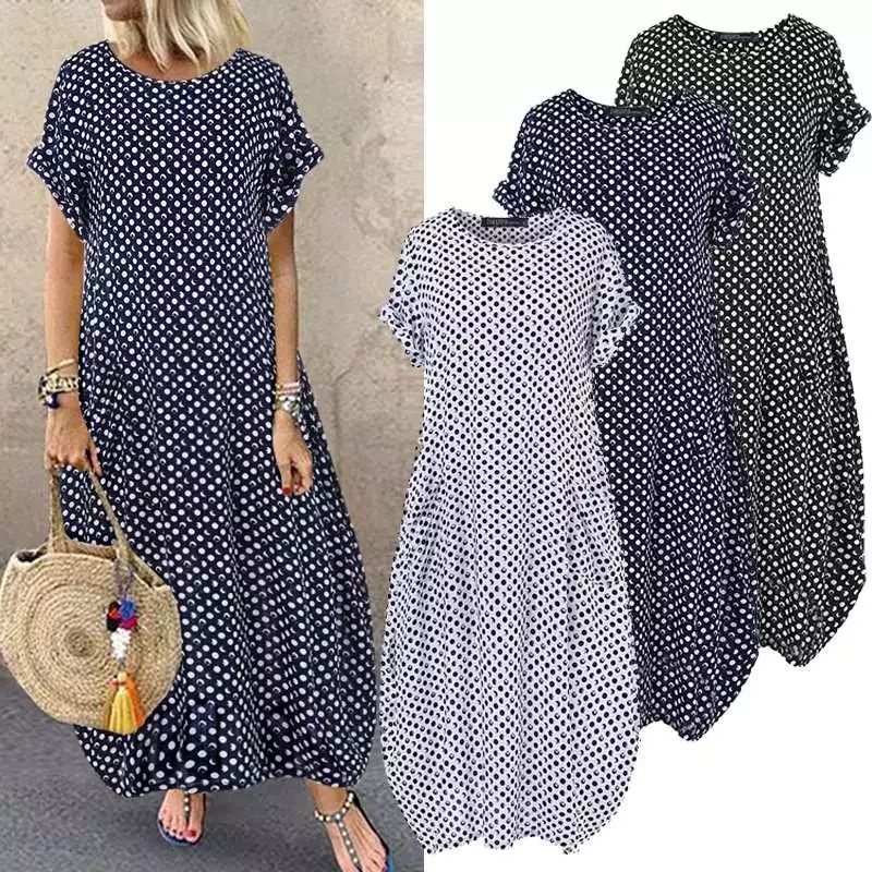 ZANZEA Gaun Maxi wanita import elegan motif polkadot lengan pendek Terbaru S-5XL