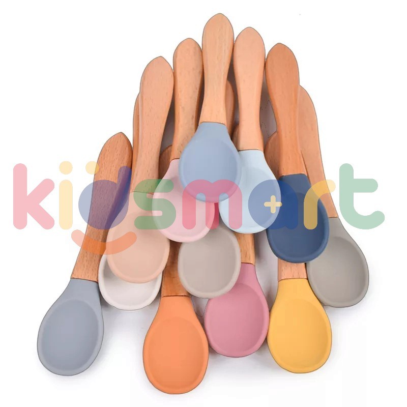 KIDSMART Wooden Spoon Silicon Baby / Sendok &amp; Garpu Kayu Silikon Untuk Makan Bayi