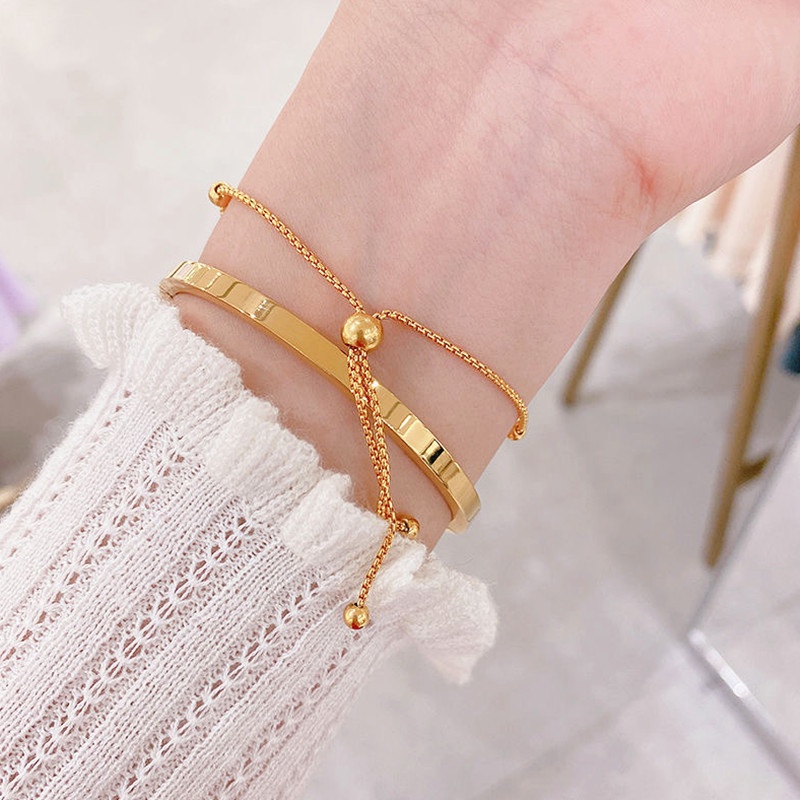 Gelang Titanium Serut Manik Matte Emas 18K Cantik Anti Karat Perhiasan Wanita Korea