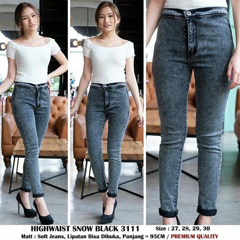Highwaist Jeans Branded Snow Acid Plain Wash . Hw Jeans Polos Acid Snow . Celana High Waist Snow