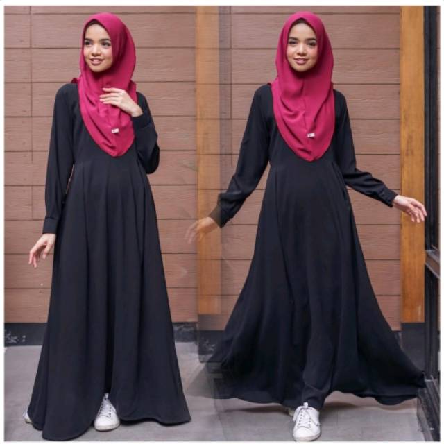 GAMIS HITAM POLOS -basic flowy dress ORI by rezqia hijab - gamis syari hitam - gamis hitam polos