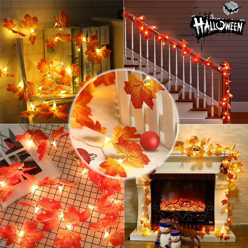 1.5/3m 3D Lampu Labu Syukuran Dekorasi Halloween String Lampu Jatuh Red Maple Leaf Garland Maple Leaf Autumn Lights Pumpkin LED