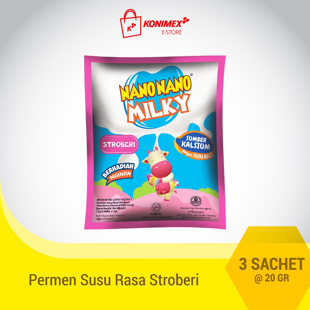 

Nano Nano Milky Permen Susu Anak - 3 sachet rasa Strawberry Kaya Kalsium