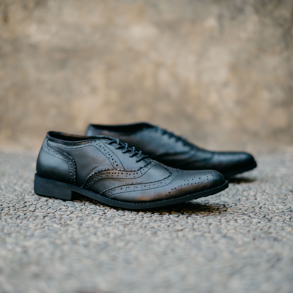 HALSTEN BLACK |FORIND x Greata| Sepatu Kulit Asli Formal Vintage Klasik Pria/Men Longwing Footwear