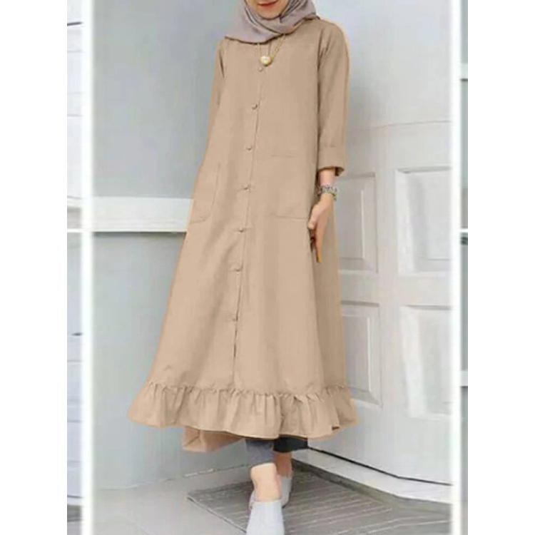 [PRINCESS KESLI]Wanita Vintage Lengan Panjang Kancing Bawah Dress Muslim Hem Frilled