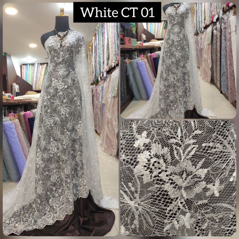 Kain Tile Brokat Putih Bridal Payet CT 01 White