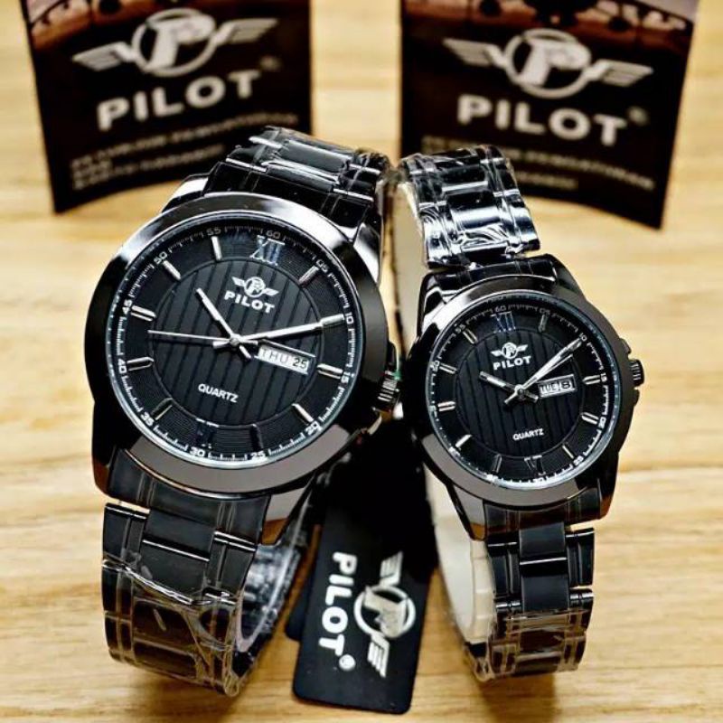 (Cod)Jam Tangan Couple Fashion Pilot Original Tanggal Hari Strap Stell/Rantai Anti Air(Dikirim Jakarta)