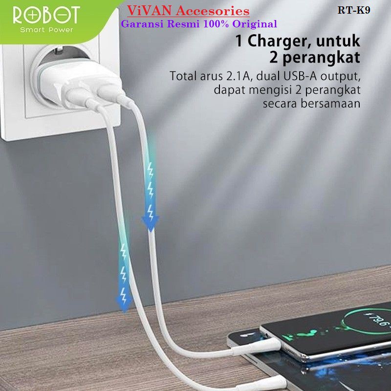 Robot Charger RT-K9 12W Dual Port 2,1A Adaptor + Micro USB Cable kabel