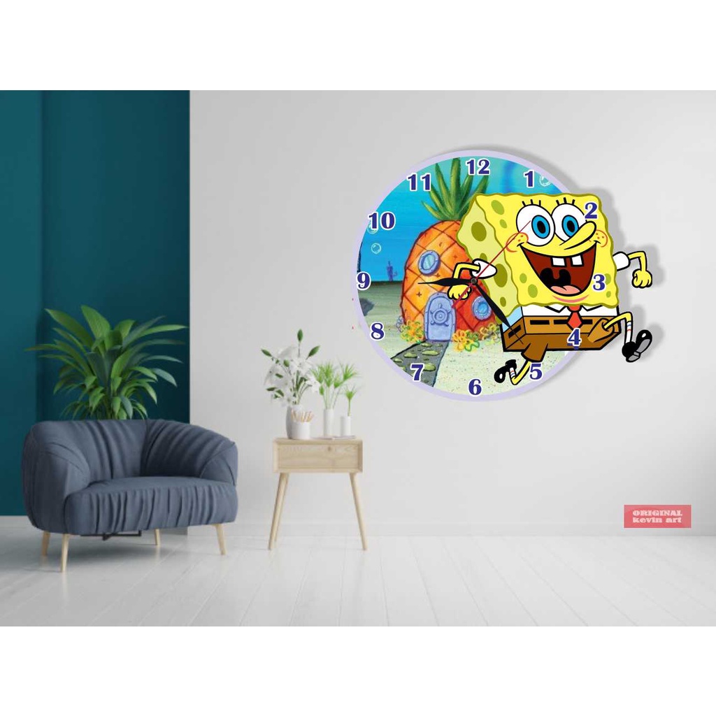 JAM DINDING KAYU UNIK BESAR KARAKTER GAMBAR SPONGEBOB MURAH