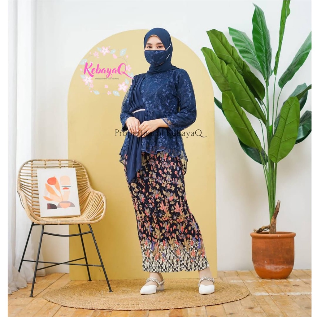KQ> KEBAYA MODERN AUREL SELENDANG CERUTY-1 SET NAVY
