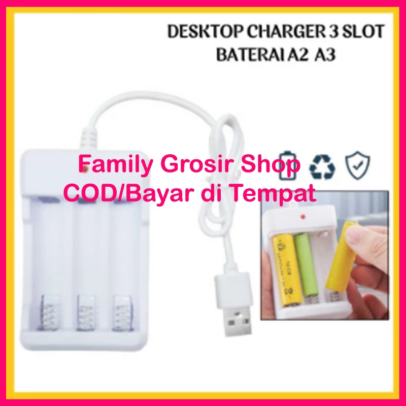 Desktop Charger Baterai Rechargeable A2 A3 AA/AAA 3 Slot Casan Battery Isi Ulang Kabel Usb