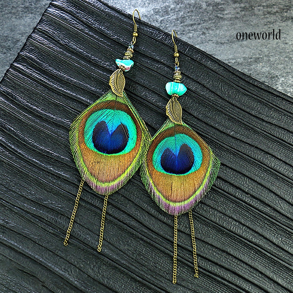 OW# Peacock Feather Drop Earrings Ethnic Style Women Geometric Shape Circle Hook Earrings Jewelry Accessory