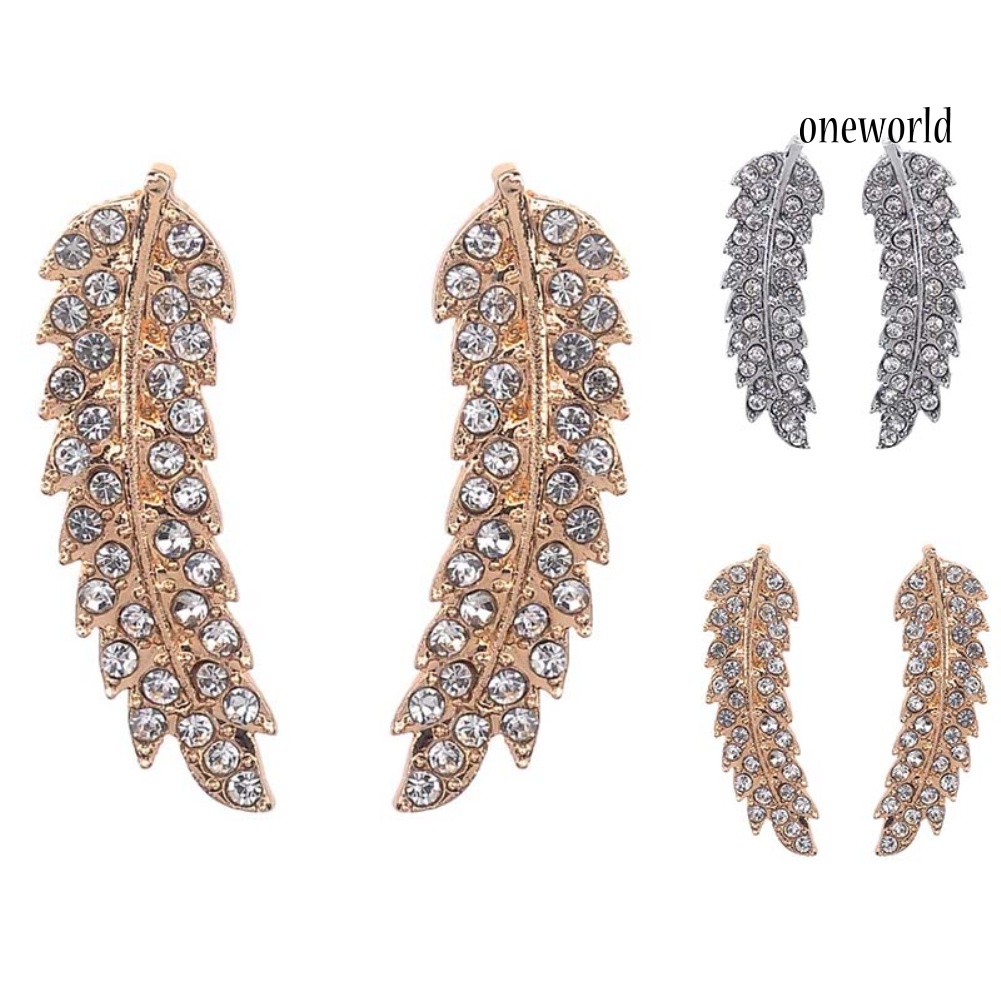 OW@ Women Full Rhinestone Inlaid Leaf Shape Stud Earrings Piercing Jewelry Gift