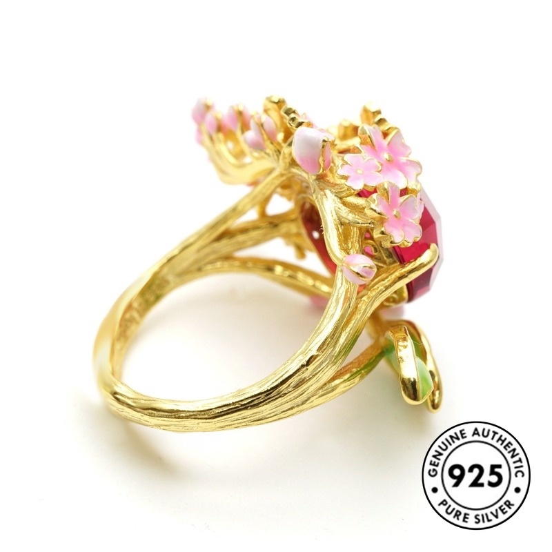 Cincin Lapis Silver S925 Desain Bunga Hias Batu Permata Pink Untuk Wanita