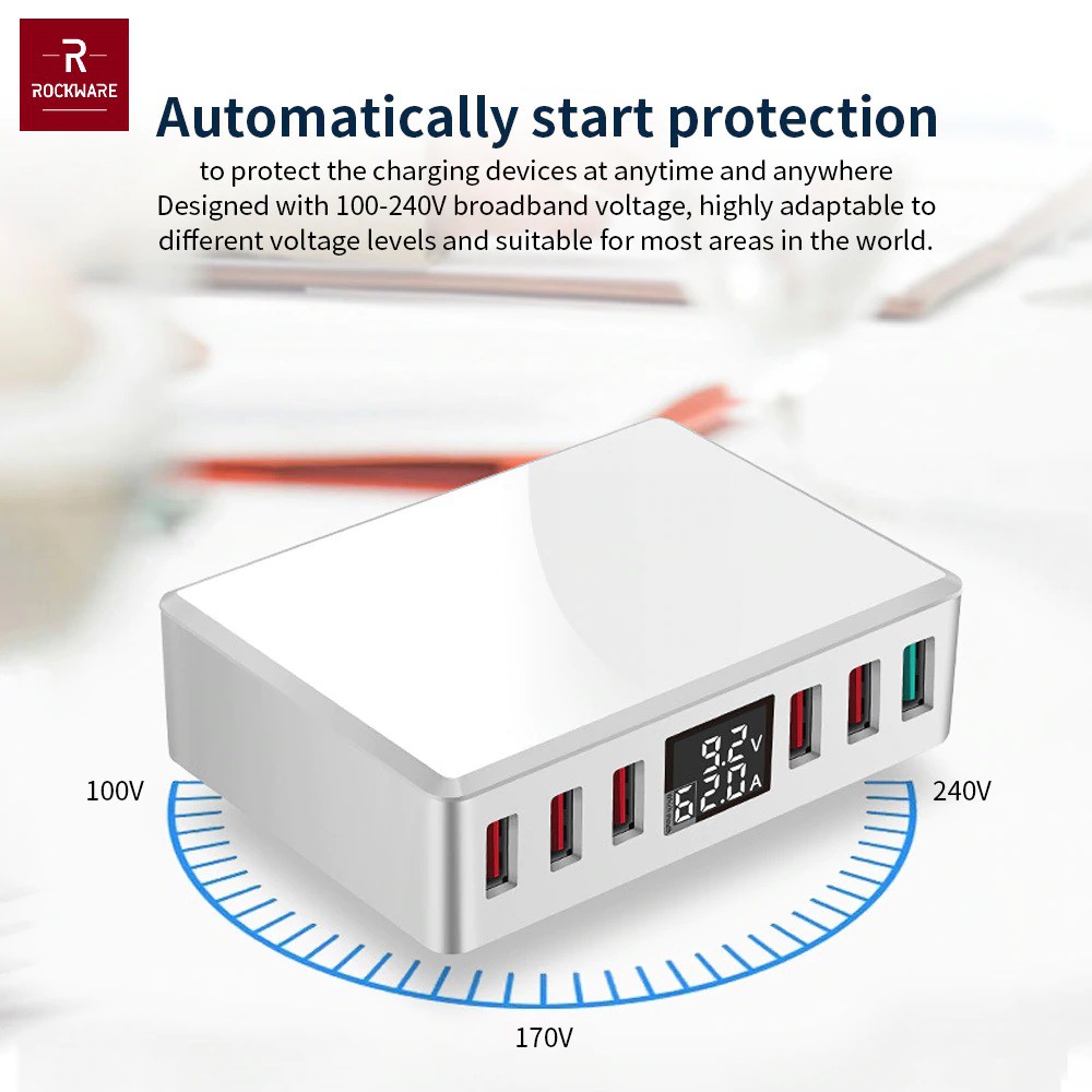 ROCKWARE WLX-T9 Plus - Intelligent 6 USB Charger LED Display - 40W (Charger Multiport Universal)