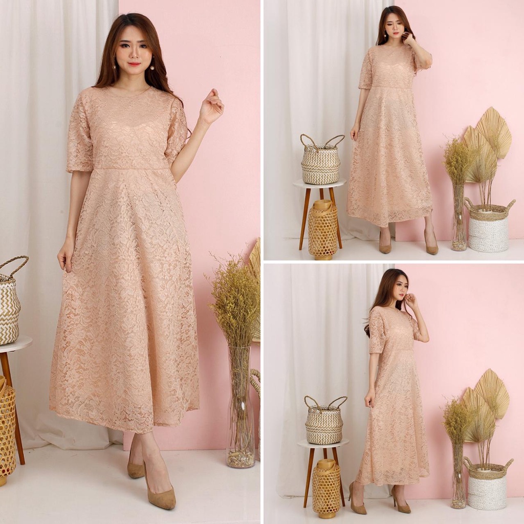 LONG DRESS YOONA BRUKAT CORNELI TULANG BROKAT CORD TIMBUL DRES PESTA NATAL 7 WARNA