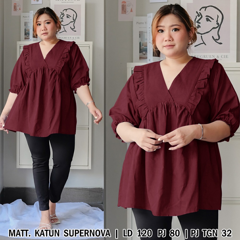 WSE390 - Blouse Jumbo Fatin XXXL Blus Jumbo 3XL Leher V BIG SIZE UK XXXL LD 120 CM PL 80 CM Katun Supernova PREMIUM QUALITY