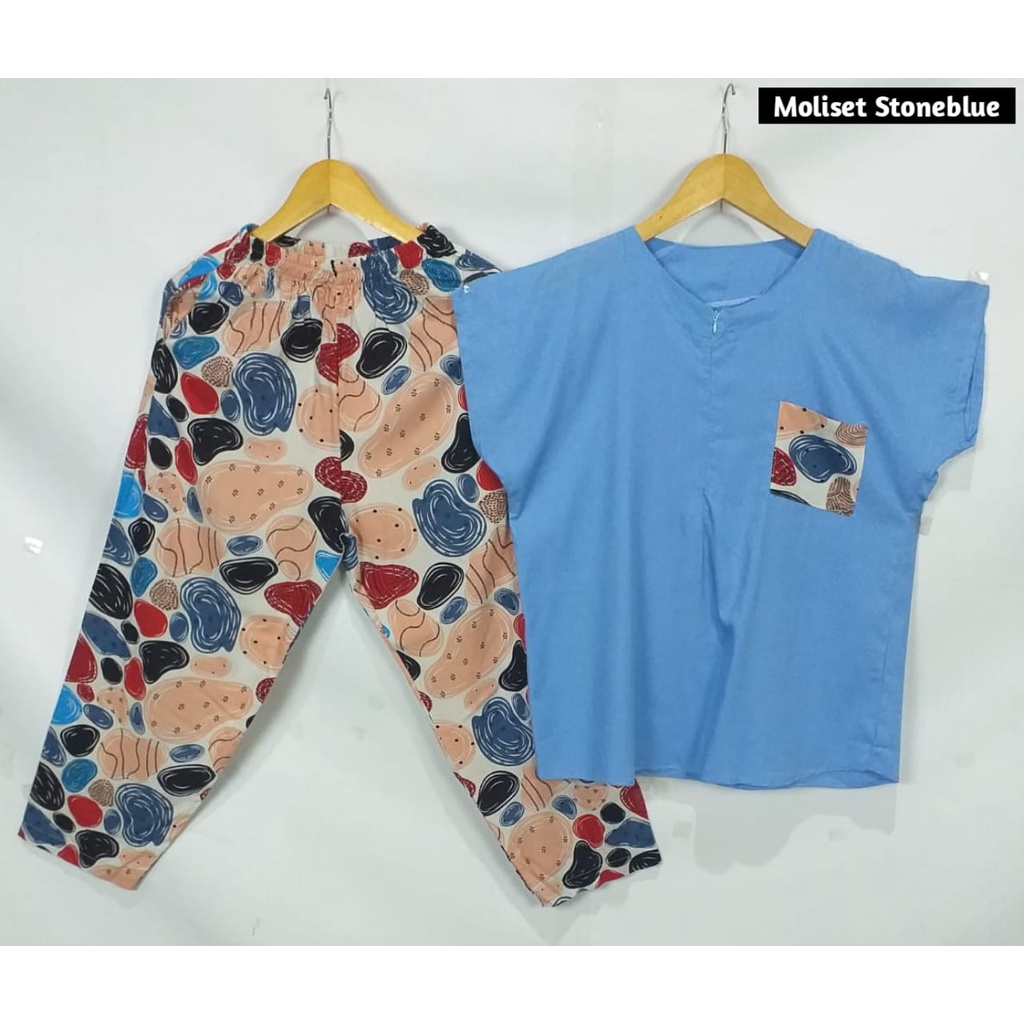 Setelan Piyama Babydoll Lengan Pendek Kekinian Baju Tidur One Set Rayon Premium Wanita Dewasa Busui-Stone Blue