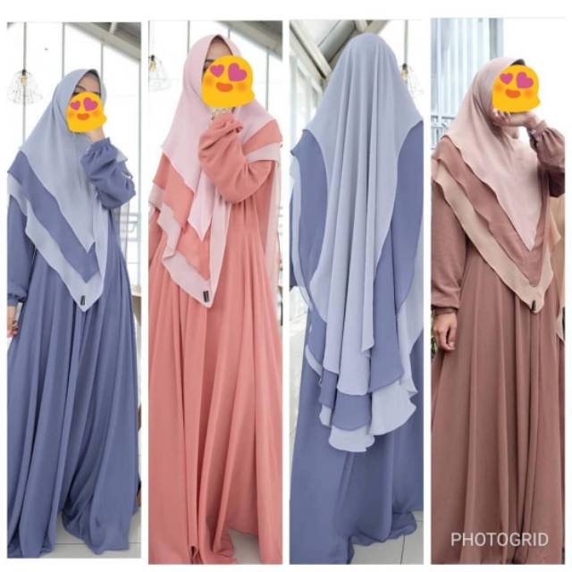 Gamis Ceruty Babydoll set Khimar 3 layer - gamis ceruti rempel - gamis cantik terbaru- Khimar2warna