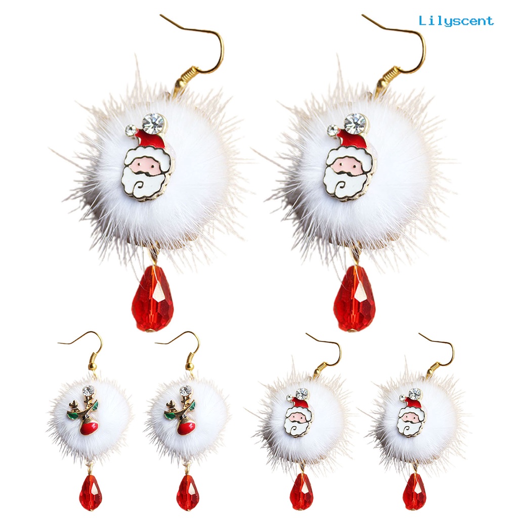 Lilyscent 1 Pair White Plush Ball Red Rhinestone Xmas Earrings Alloy Santa Claus Elk Pendant Hook Earrings Fashion Jewelry