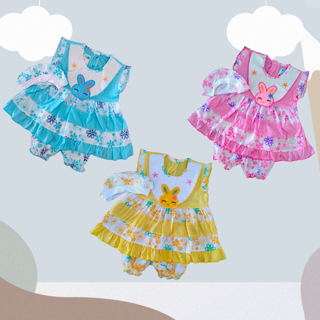 Setelan Baju Bayi Perempuan (0-9 BULAN) FREE TOPI Dress Baju Bayi Perempuan NEWBORN Setelan Dress dan Celana Bayi KELINCI