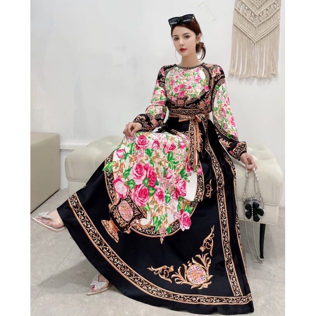 SALE!!! RESTOCK!!! DRESS GAMIS ESTILO SERIES 02 IMPORT BKK-hitam bunga pink