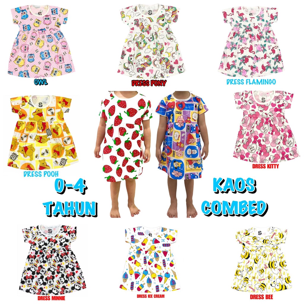 (1 KG MUAT 13 PCS) BAJU DRESS/DASTER ANAK KIDS PEREMPUAN/CEWEK BAHAN KAOS KATUN COMBED