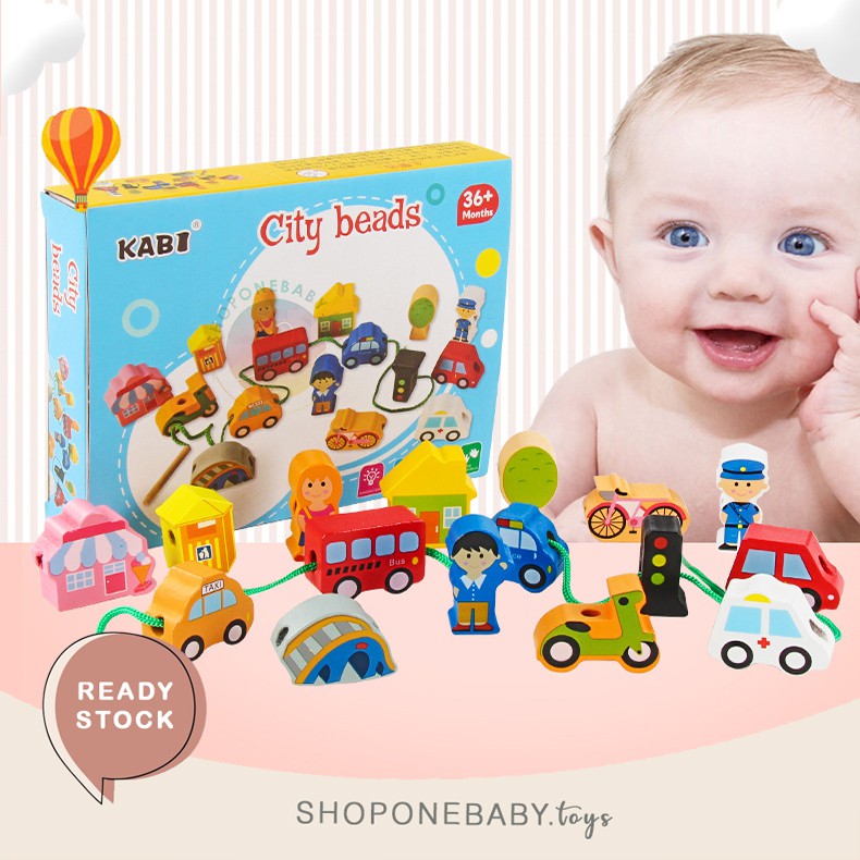 INSTAN LACING & THREADING KABI Wooden String Beads 16pcs Mainan Melatih Motorik Anak