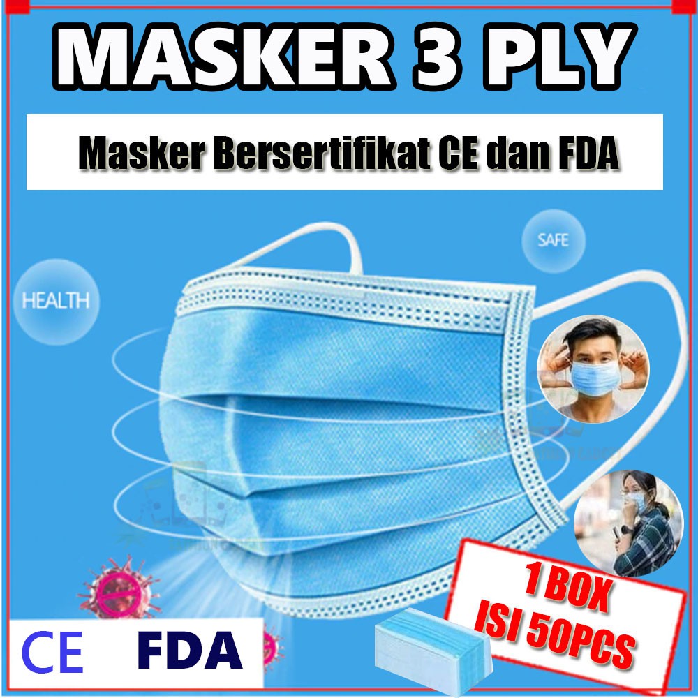 Masker 3 Ply 3ply BOSM Bersertifikat CE &amp; FDA Anti Virus Masker Earloop Hidung Mulut 1 box isi 50