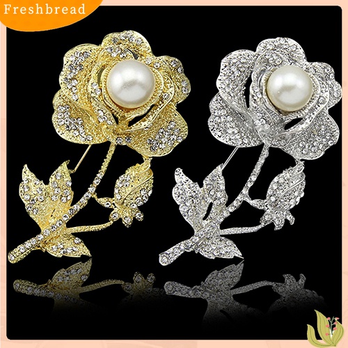 [ TERLARIS]Women's Rose Flower Faux Pearl Rhinestone Brooch Pin Bridal Wedding Jewelry Gift