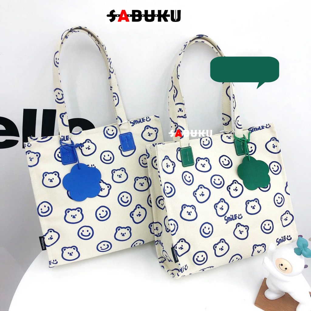 Tas Selempang Fashion Wanita Korea Totebag SMILE Bahan Kanvas Resleting Motif Carakter Korea Style Multifungsi -253