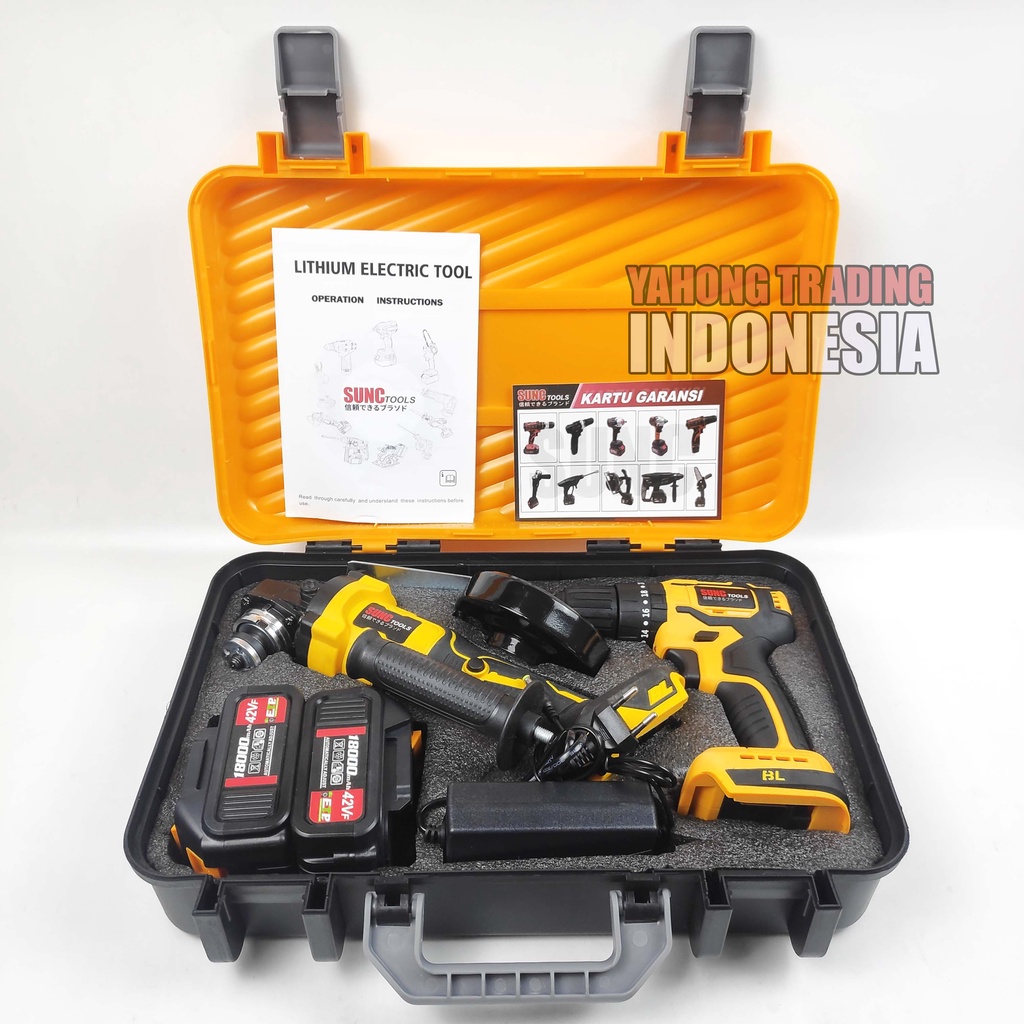 PAKET Mesin Gerinda Baterai Cordless Angle Grinder + Mesin Bor Baterai Cordless Drill 42VF SUNC TOOLS