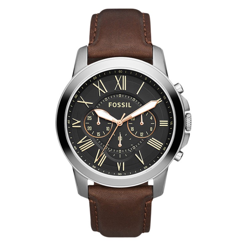 Premium (RRW) Jam Tangan Pria Fossil FS4813 Grant Chronograph Black Dial Brown Leather Strap Watch