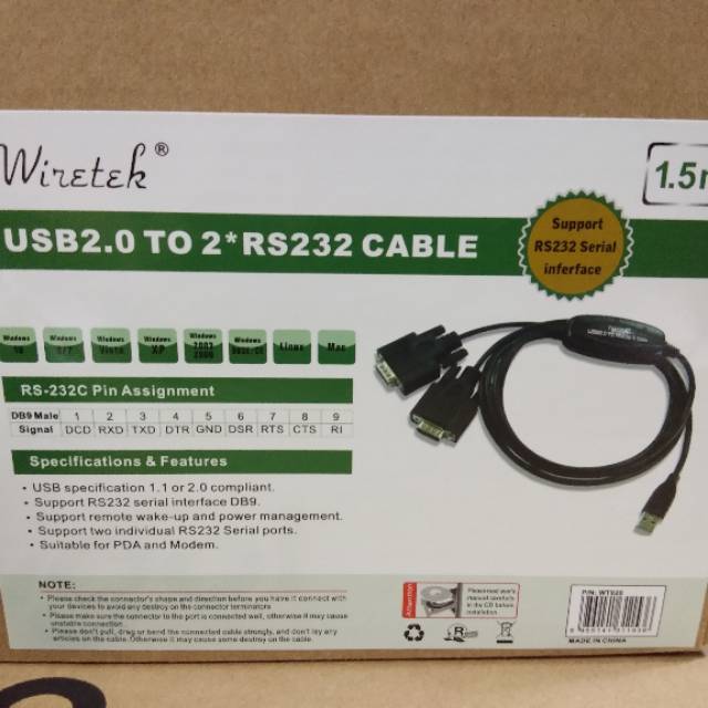 Wiretek Kabel USB2.0 To 2x RS232 1,5meter Aktif