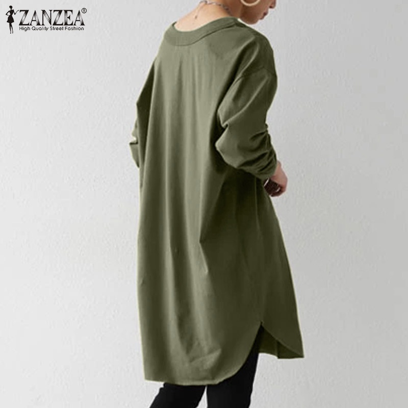 ZANZEA Women Loose Casual Full Sleeve Crew Neck Fashion Top Autumn Shirt Blouse