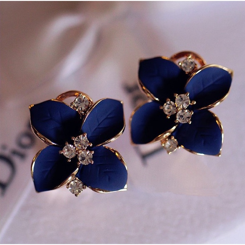 Anting Klip Desain Camellia Sapphire Biru Tiga Dimensi