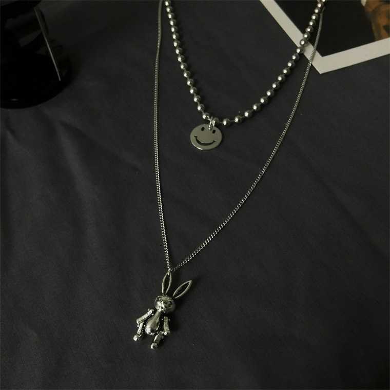 19042Harajuku Hip Hop Rabbit Smiley Pendant Multilayer Necklace