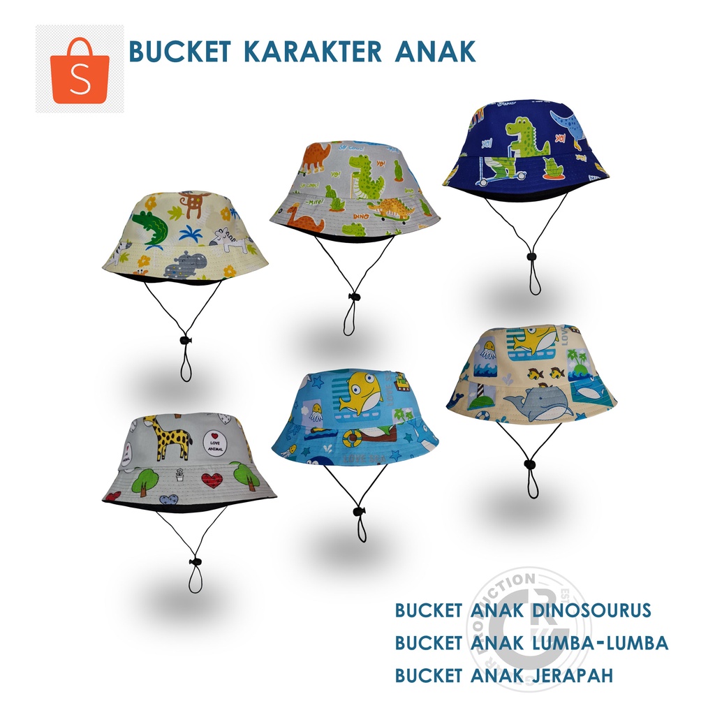 BUCKET ANAK ADA TALINYA UNTUK OUT BOUND / BUCKET HAT ANAK UNTUK MANCING / BUCKET ANAK KARAKTER DINOSURUS,JERAPAH,LUMBA-LUMBA